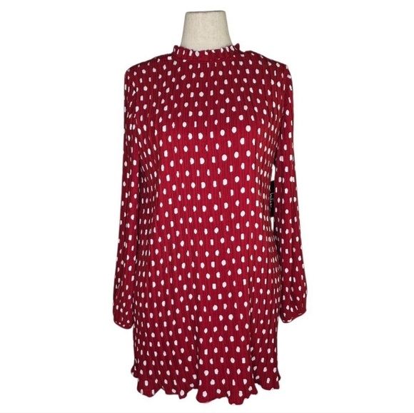 Lulus Pleat to Meet You Wine Red Polka Dot Long Sleeve Shift Mini Dress M - Picture 2 of 11